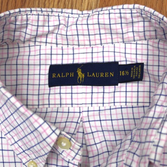 POLO RALPH LAUREN REGULAR FIT 100% COTTON SHIRT NAVY/PINK/WHITE Sz 16 1/2 | L - Picture 3 of 4